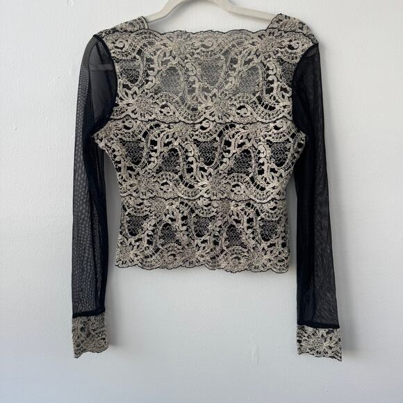 Vintage Kay Celine Black and Cream Mesh Long Sleeved Blouse - Picture 2 of 8